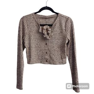 NWT SUNDOWN BY SPLENDID Cropped Button Down Long Sleeve Brown sz S Ribbed Top